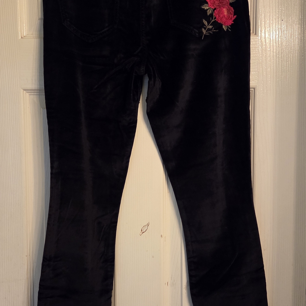 Johnny Was Black Velvet Pants with Red Floral Embroidery